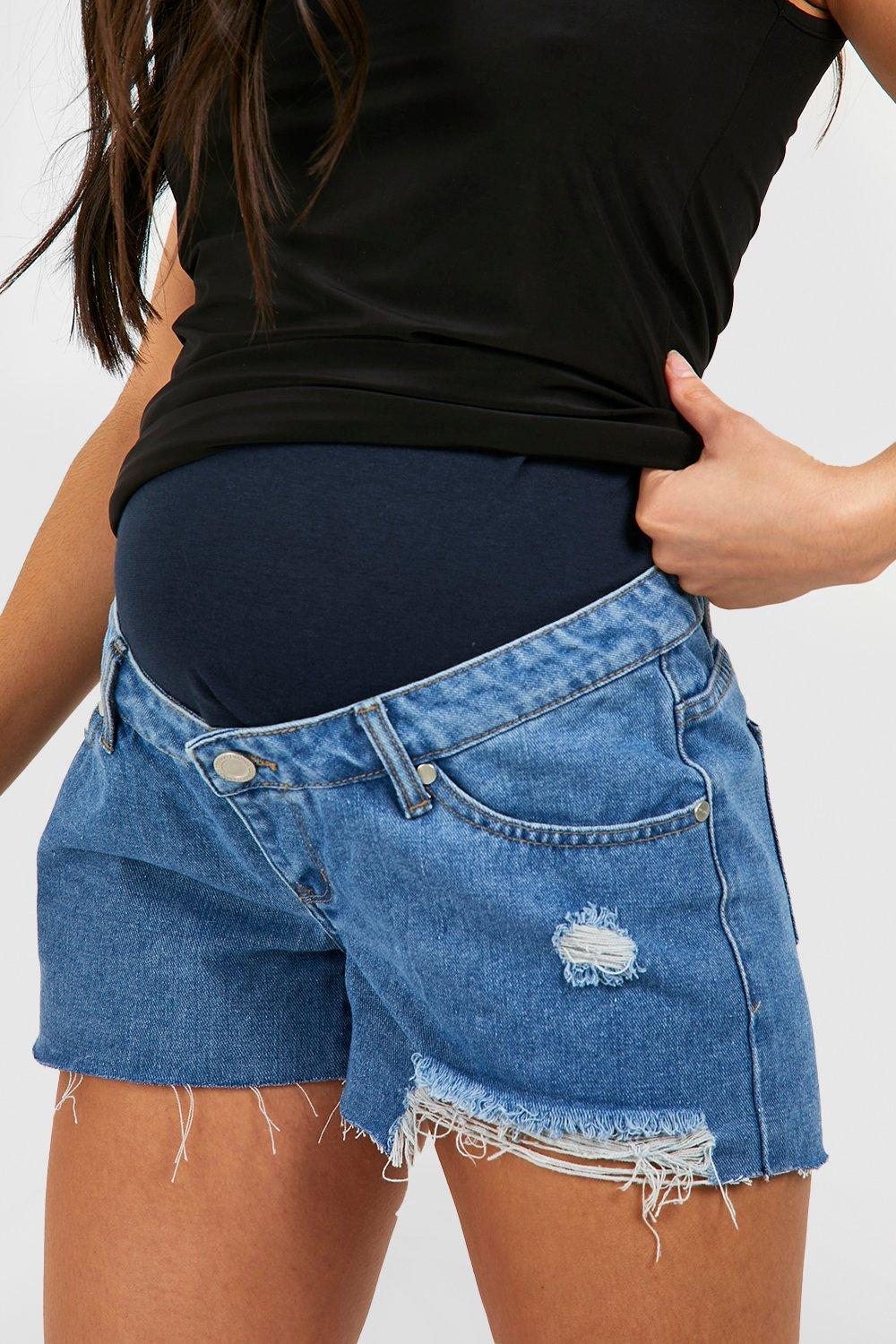 Distressed denim maternity shorts on sale